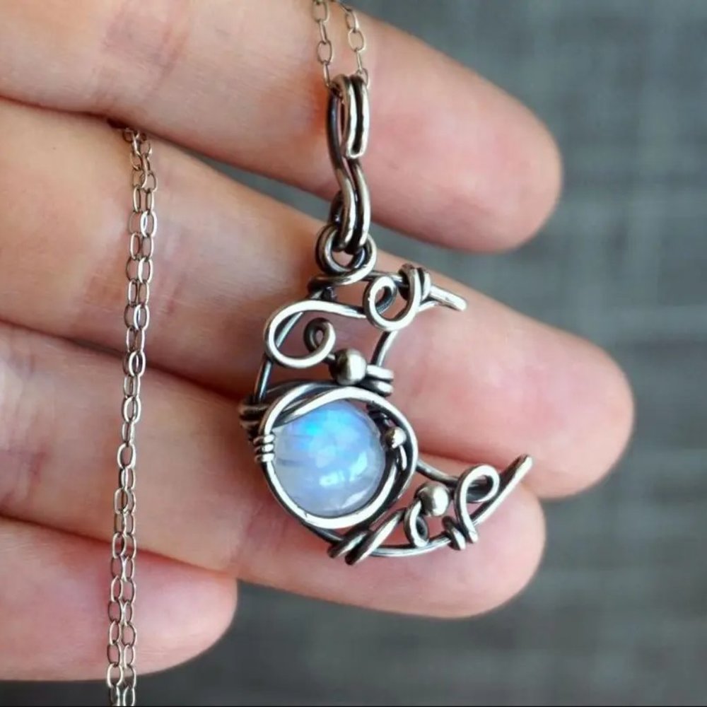 Crescent Moon Celestial Opal Necklace Charm Pendant Silver Necklace‎ - Astrology